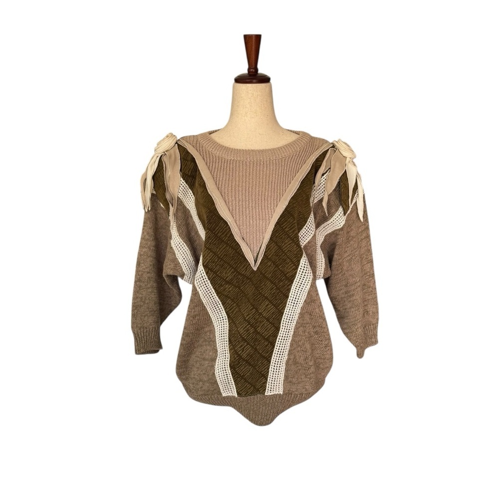 Vintage 80s Bonnie and Bill Brown Knit Sweater Rosette Shoulder Accents Boho